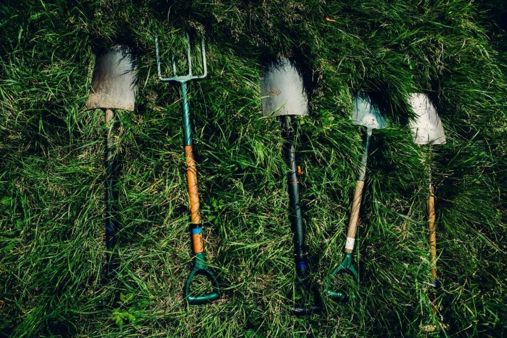 several shovels on grass